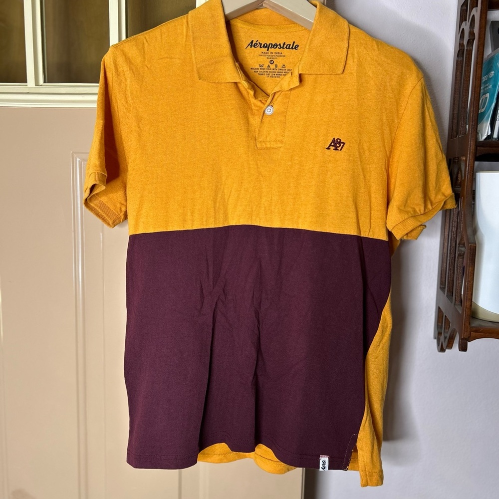 Aeropostale Men's Mustard and Maroon Polo Shirt